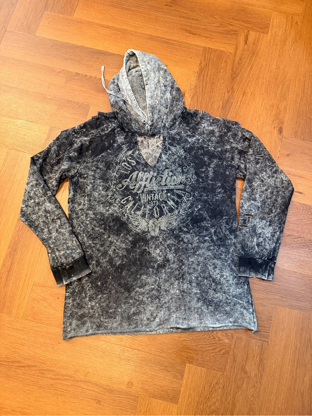 Affliction Black Acid Wash Embellished Hoodie Distressed Y2K Women’s XL